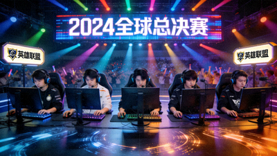 电竞赛事直播画面 - 英雄联盟比赛舞台，灯光绚烂，选手专注操作